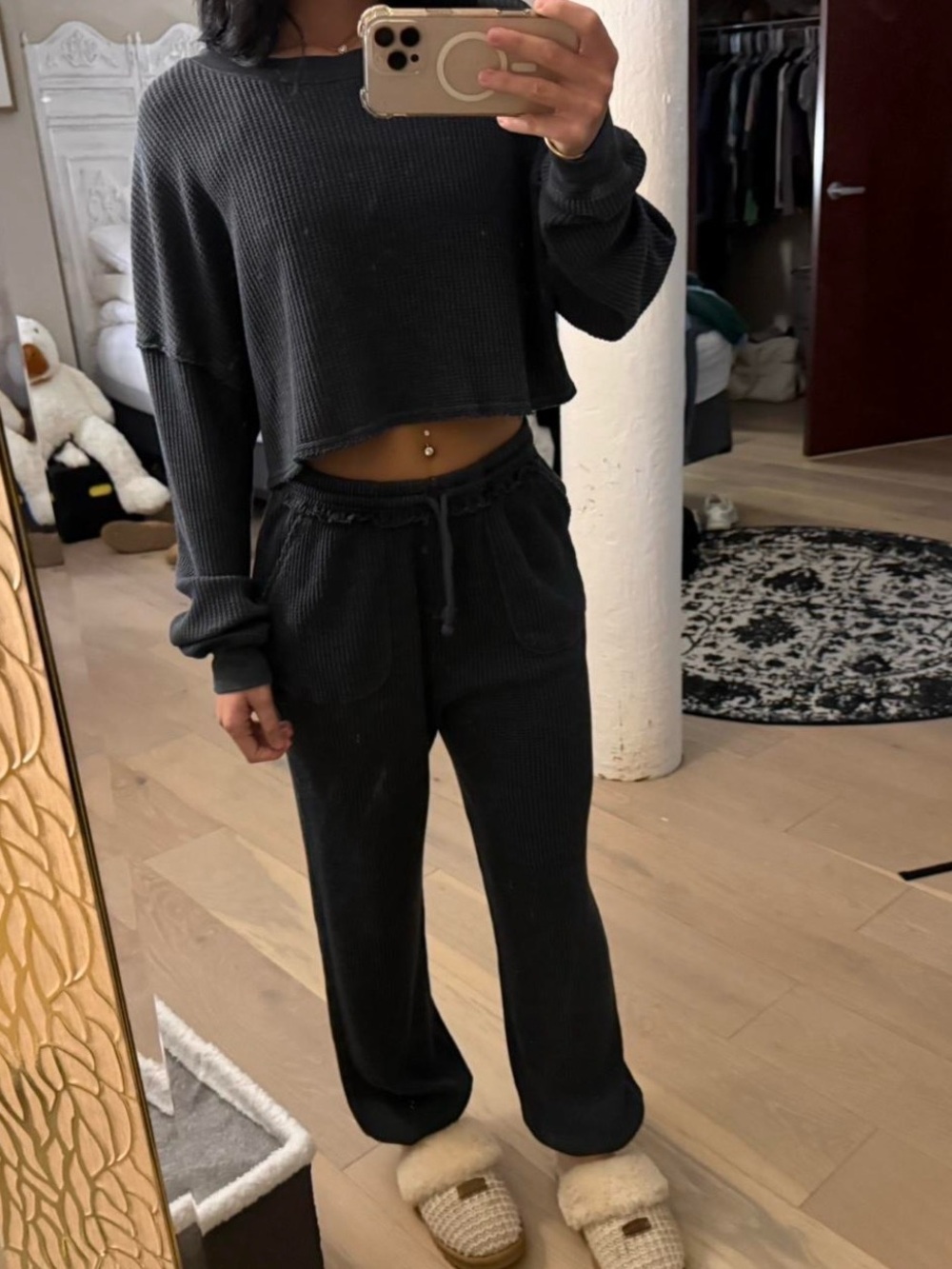 SO Black Waffle Knit Lounge Set - Cropped Long Sleeve Top & Drawstring Pants